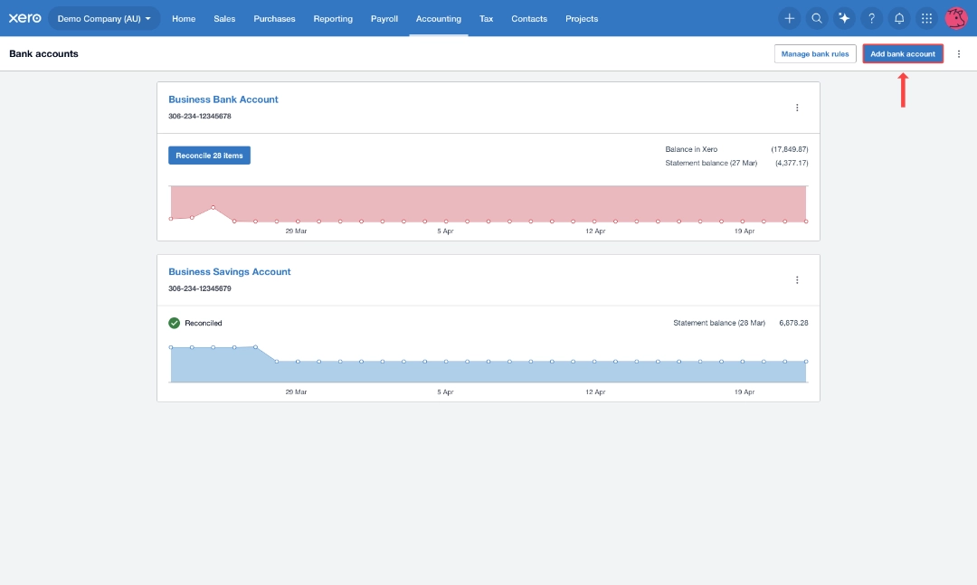 List of bank accounts inside Xero