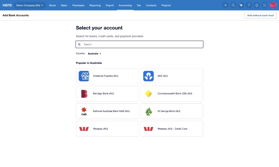 Select bank from list in Xero