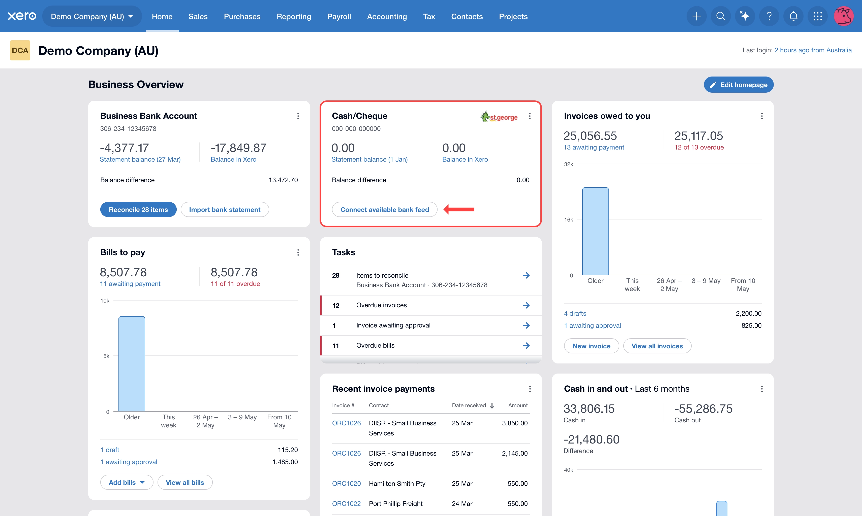 Xero dashboard bank account without bank feed activated