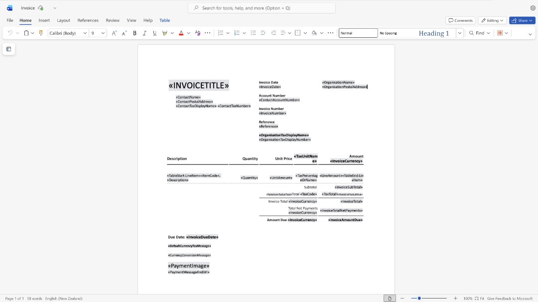 Editing a Xero DOCX invoice template in Microsoft Word