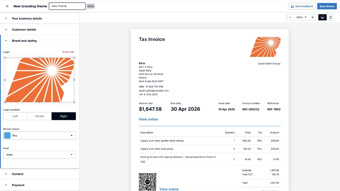 New invoice setup interface in Xero