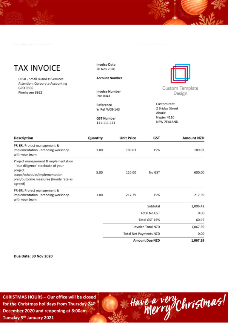 Example Xero invoice template design 2