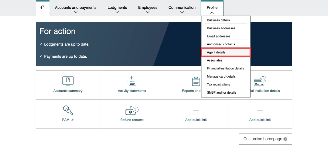 Online services for business dashboard with Profile selected