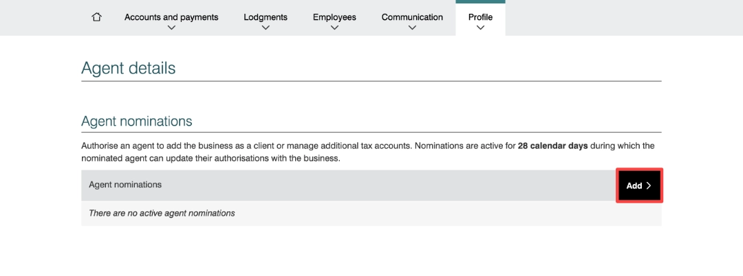 Agent nominations section in Online services for business