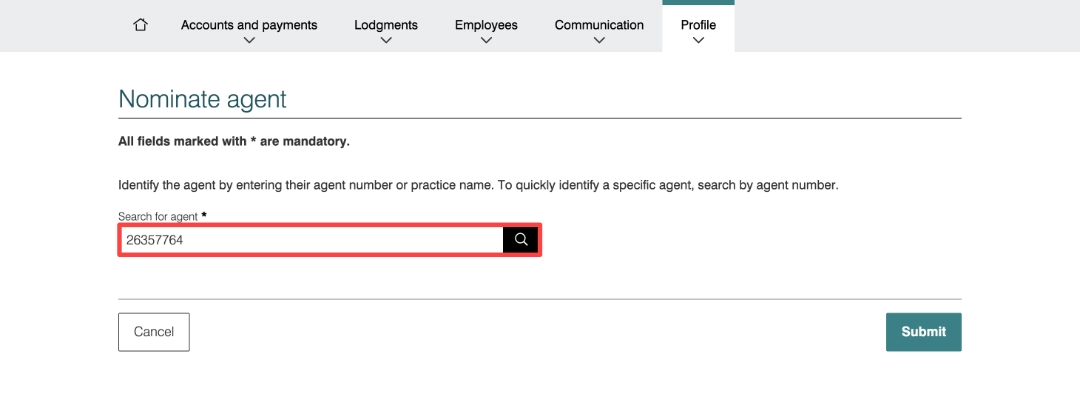 Entering Balanceable's BAS agent number in the agent search field