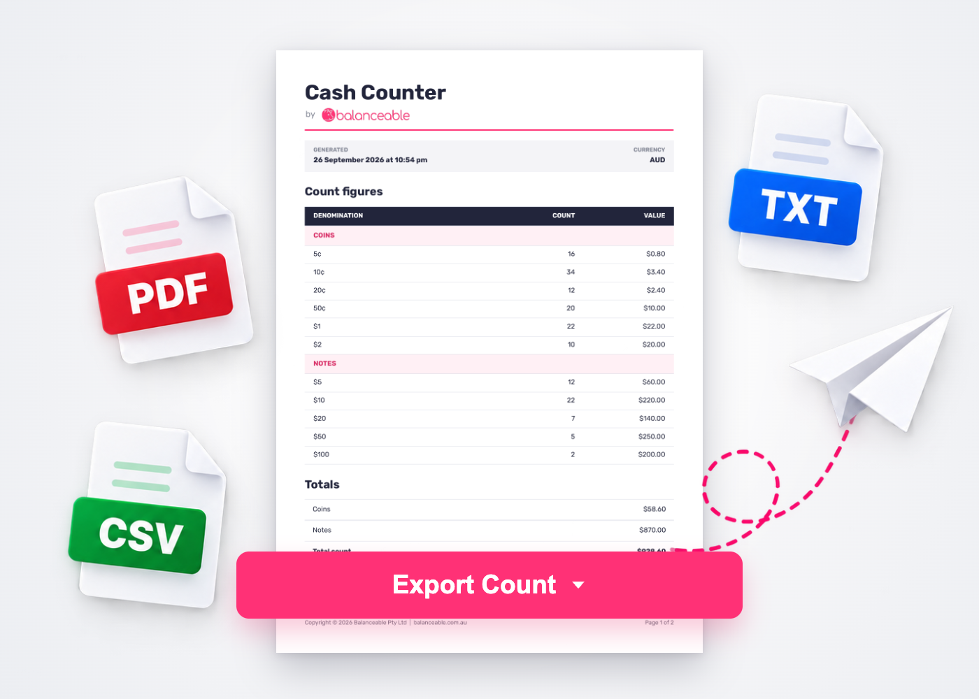 Cash Counter PDF export with PDF, TXT and CSV files and a paper plane for email
